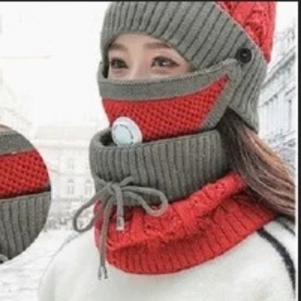 New Winter Hat, Neck and Face covering Red and Tan